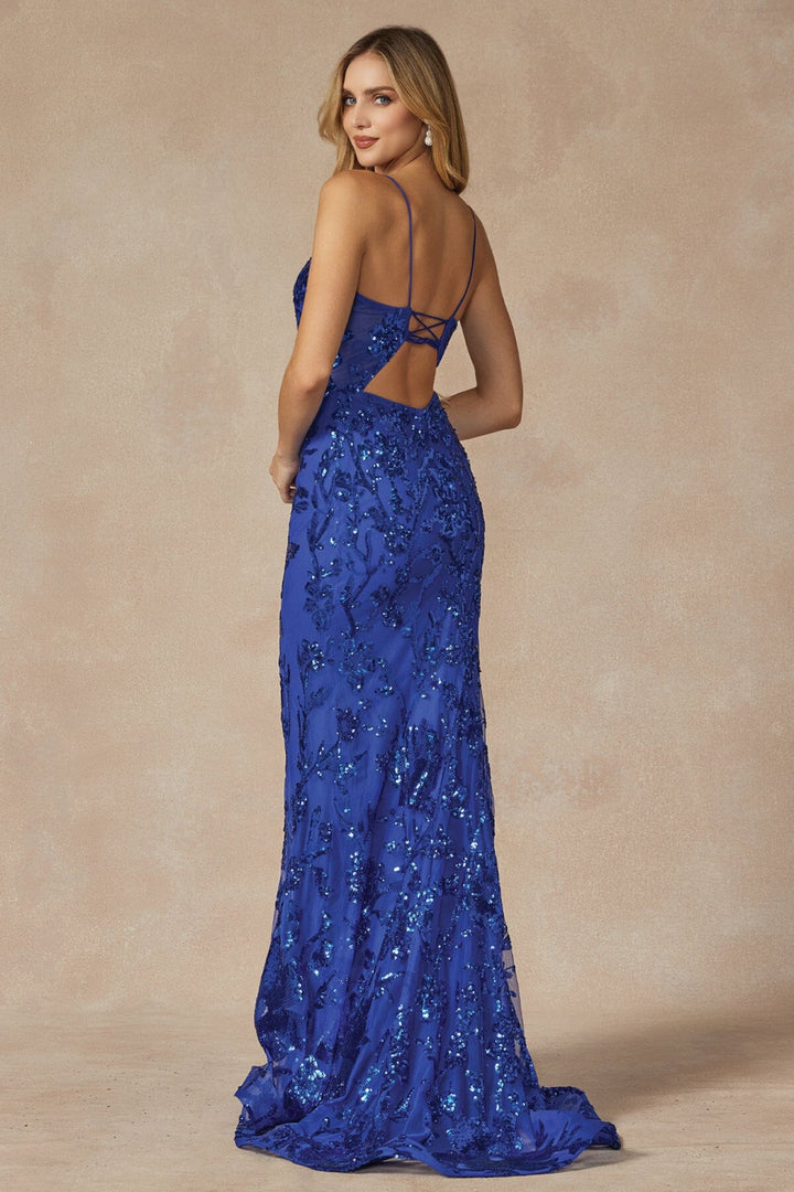 Fitted Sequin Print Deep V-Neck Gown by Juliet 2411