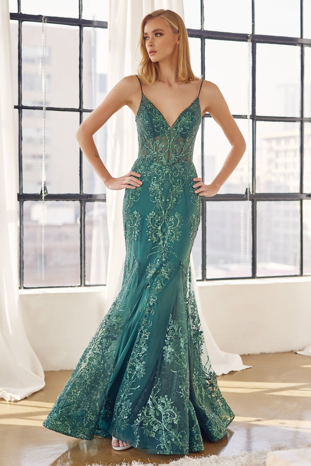 Fitted Sequin Print Sleeveless V-Neck Gown by Juliet 274