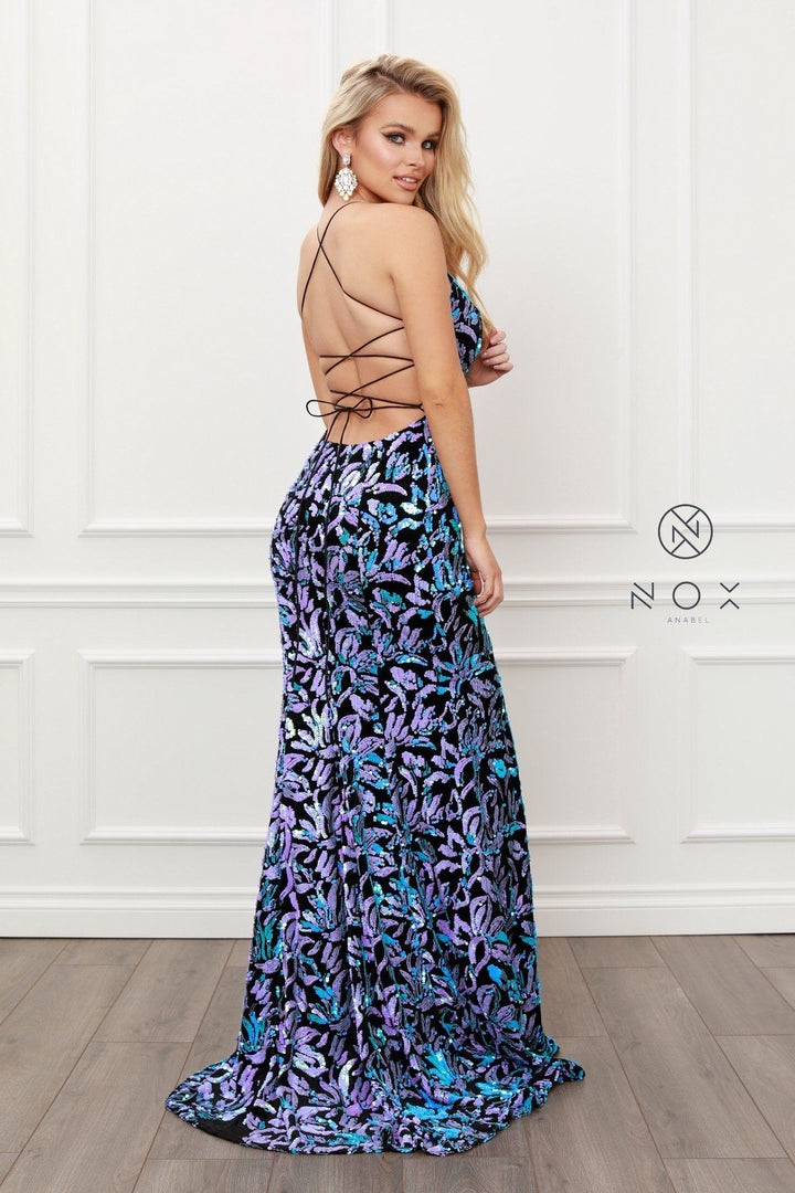 Fitted Sequin Print Velvet Gown by Nox Anabel R427