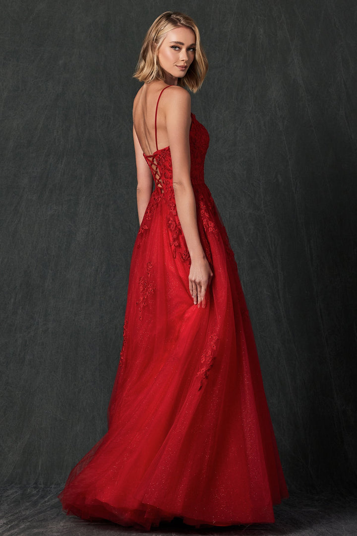 Floral Applique Corset Tulle Gown by Juliet 260