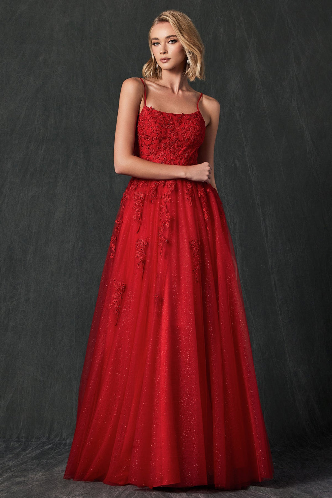 Floral Applique Corset Tulle Gown by Juliet 260