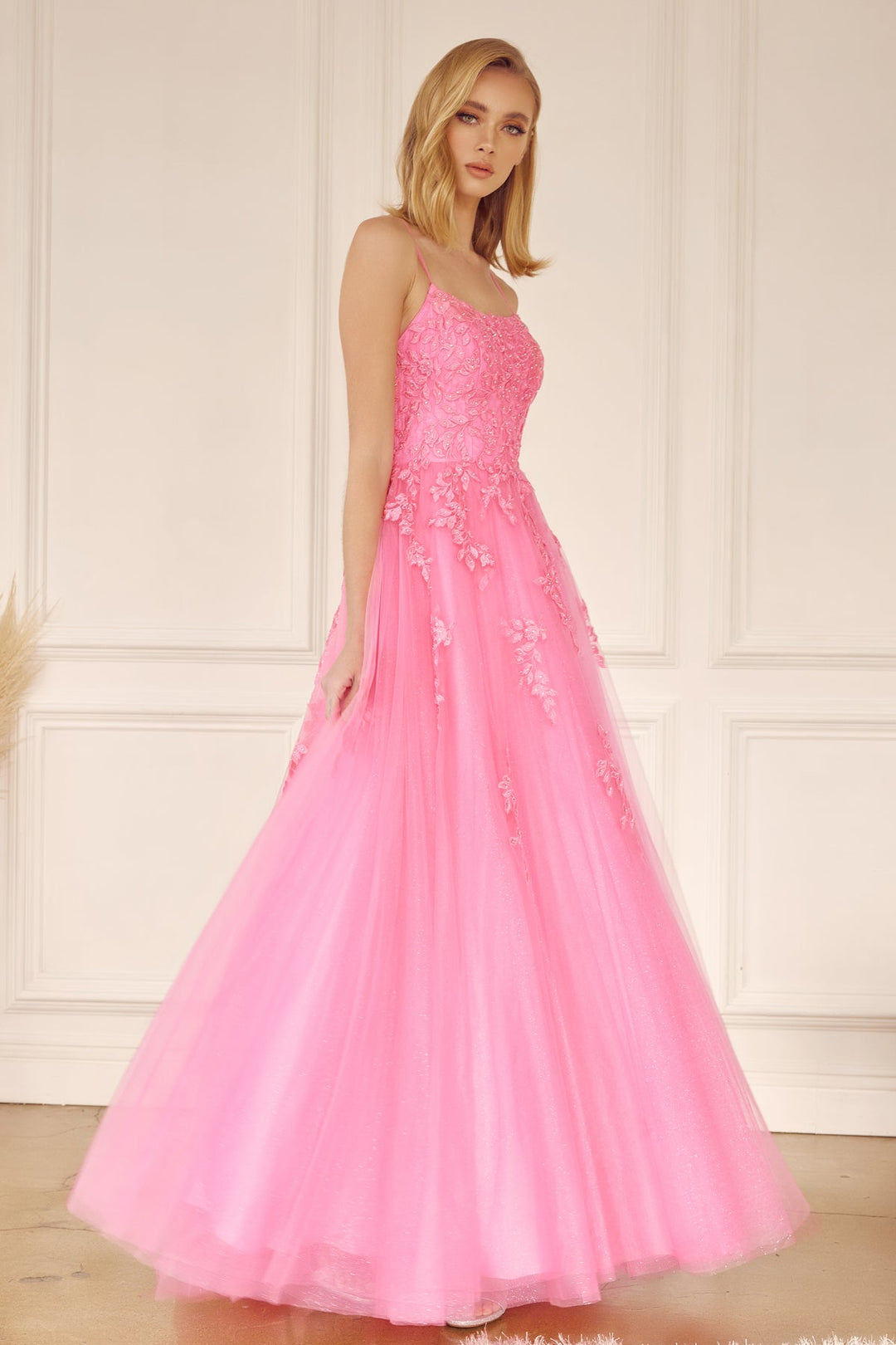 Floral Applique Corset Tulle Gown by Juliet 260