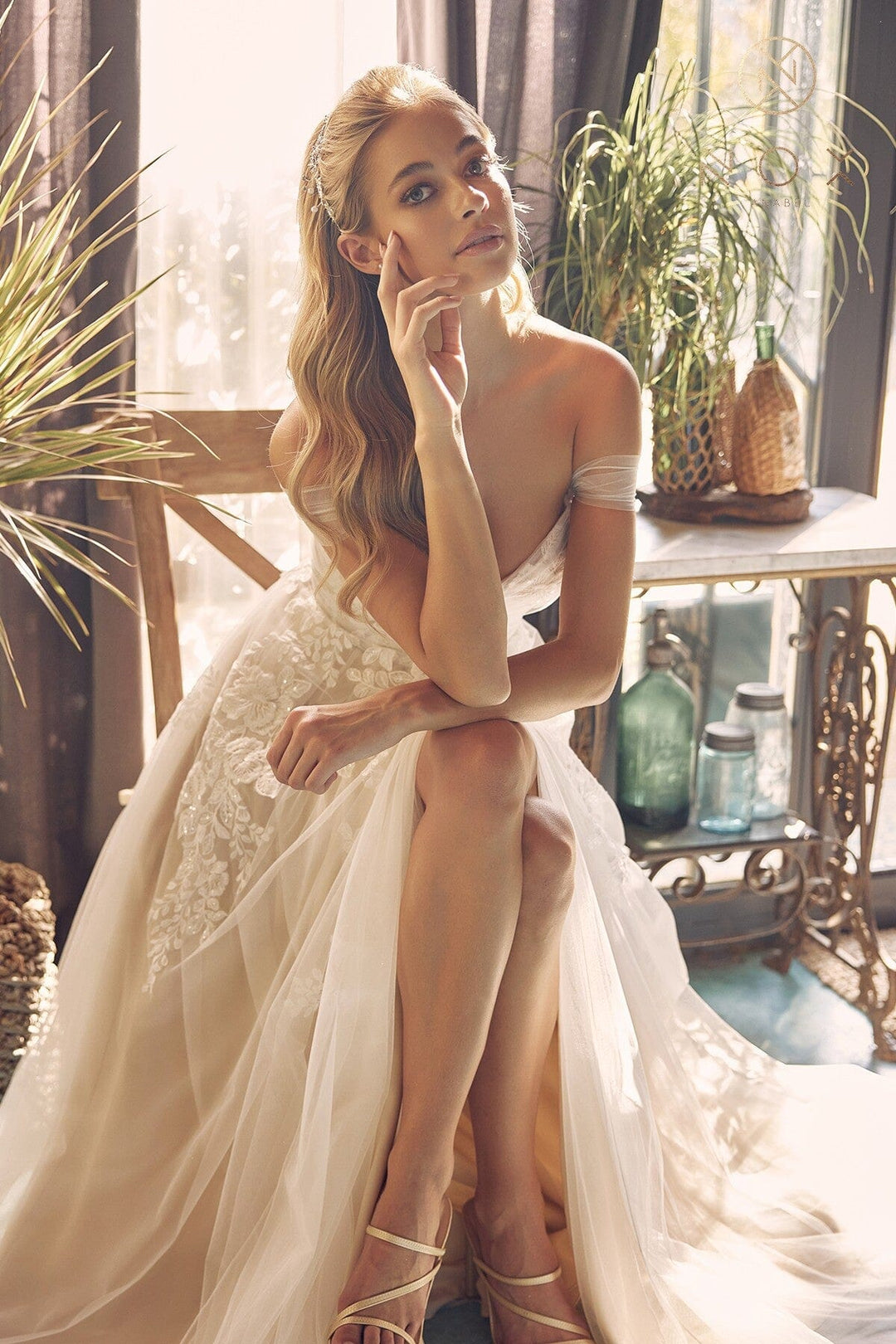 Floral Applique Off Shoulder Bridal Slit Gown by Nox Anabel JE953