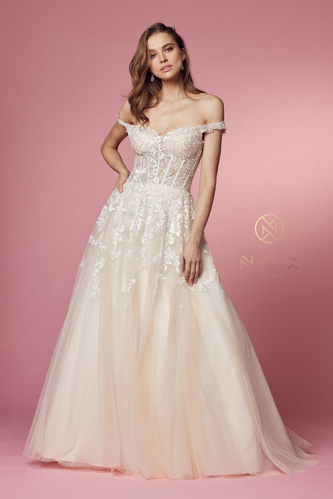 Floral Applique Off Shoulder Gown by Nox Anabel JH925
