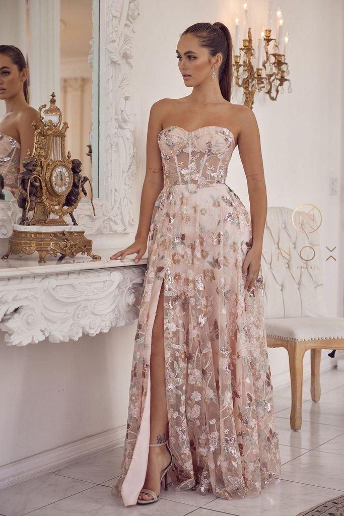 Floral Applique Strapless Gown by Nox Anabel E1001