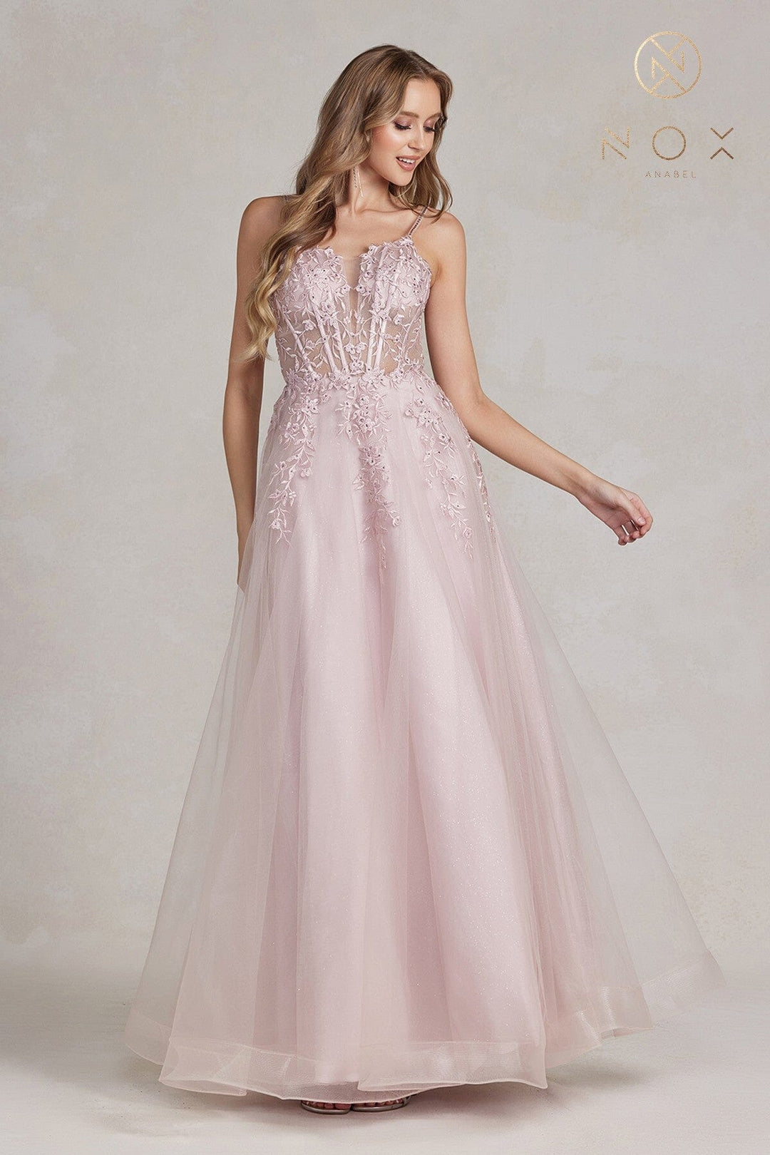 Floral Applique Tulle Gown by Nox Anabel T449