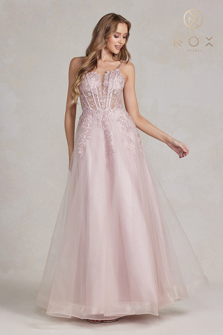 Floral Applique Tulle Gown by Nox Anabel T449