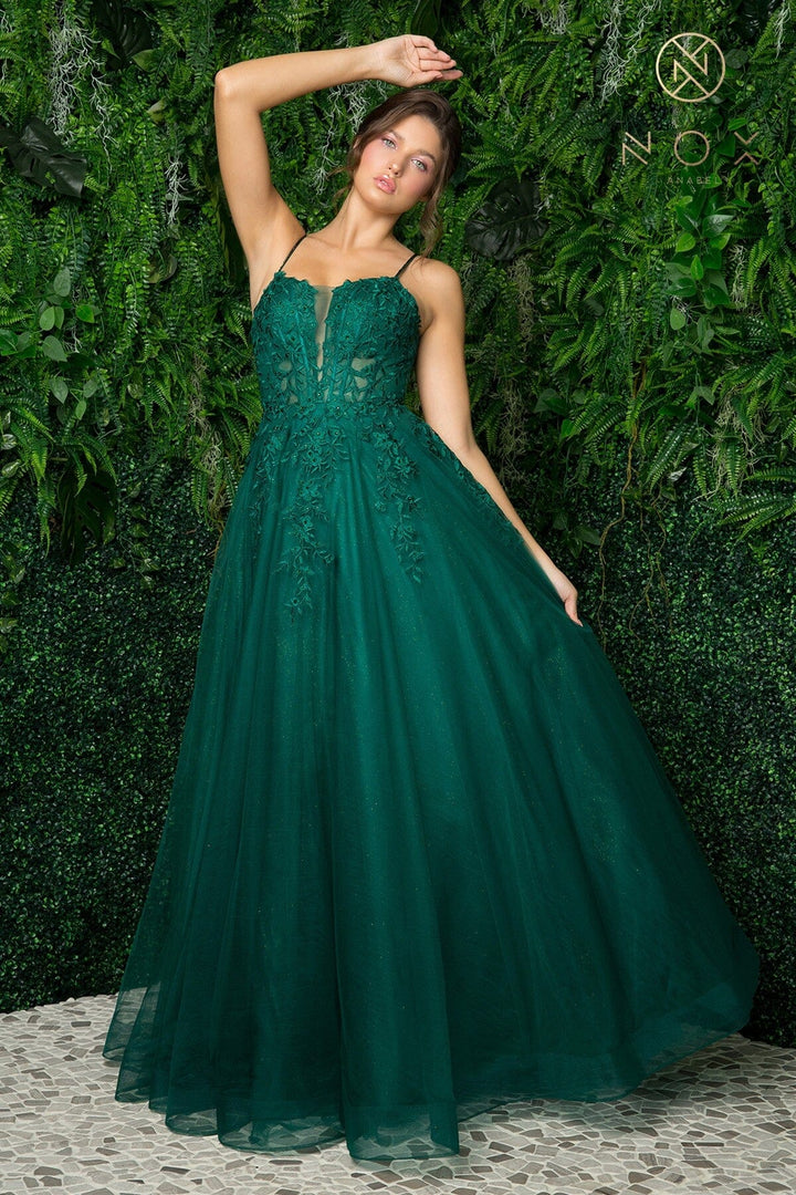 Floral Applique Tulle Gown by Nox Anabel T449