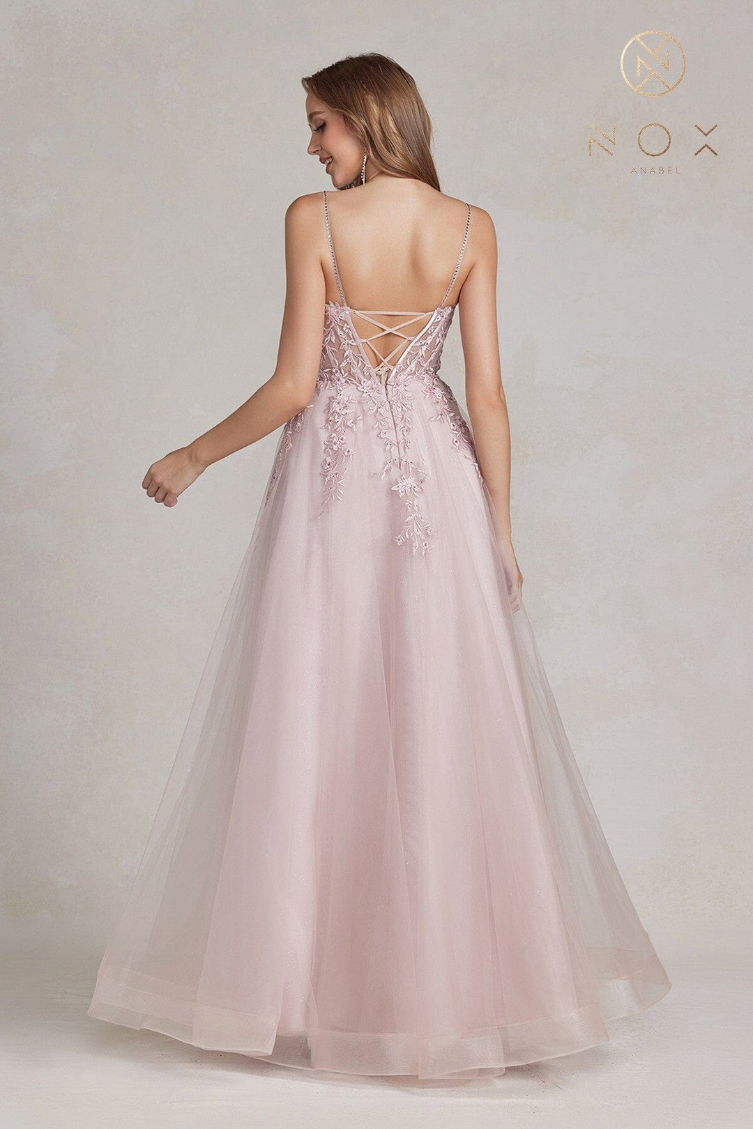 Floral Applique Tulle Gown by Nox Anabel T449