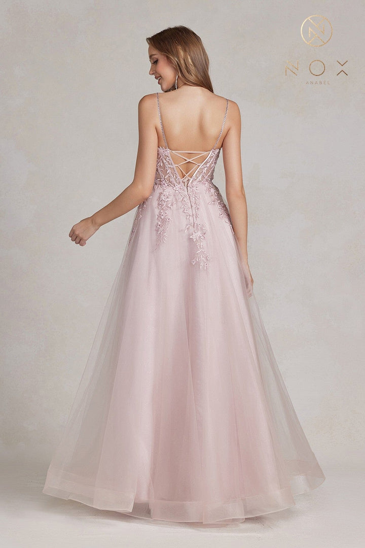Floral Applique Tulle Gown by Nox Anabel T449