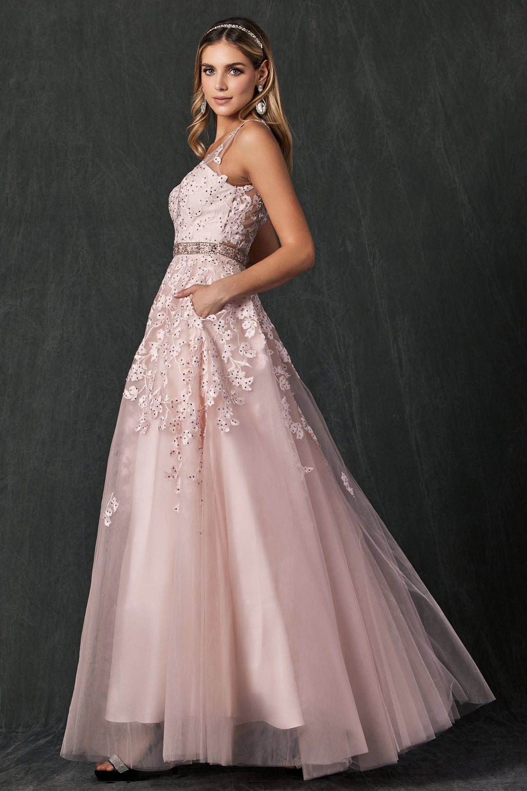 Floral Applique V-Neck Tulle Gown by Juliet 224