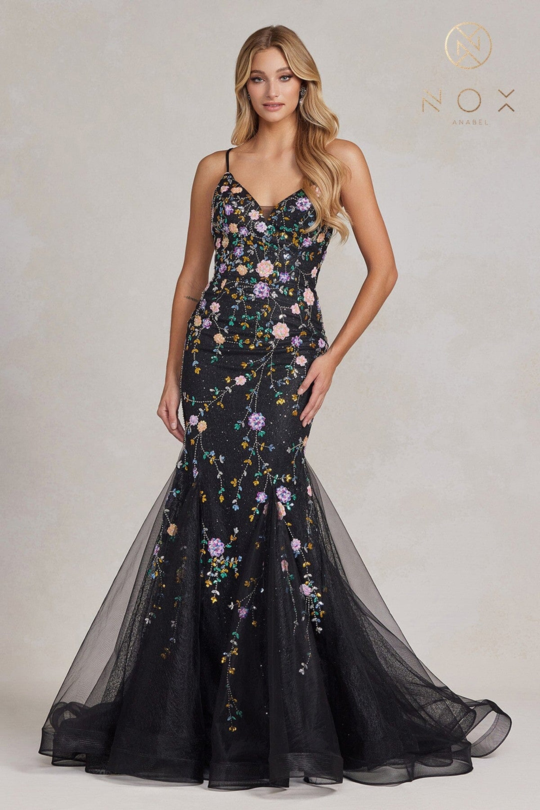 Floral Beaded V-Neck Mermaid Gown by Nox Anabel C1117
