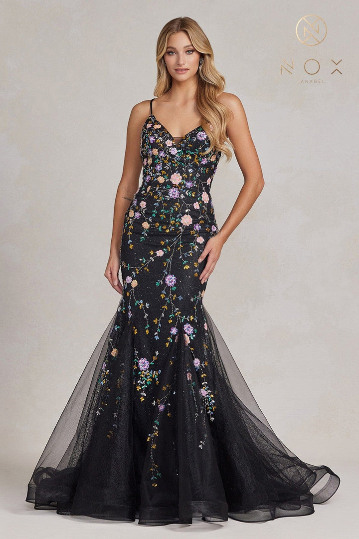 Floral Beaded V-Neck Mermaid Gown by Nox Anabel C1117