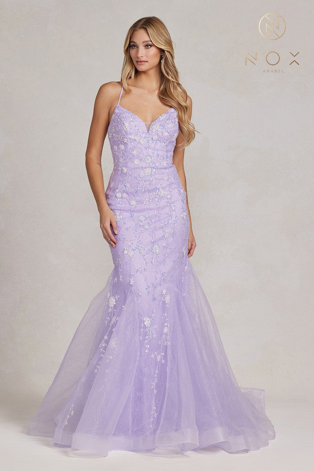 Floral Beaded V-Neck Mermaid Gown by Nox Anabel C1117