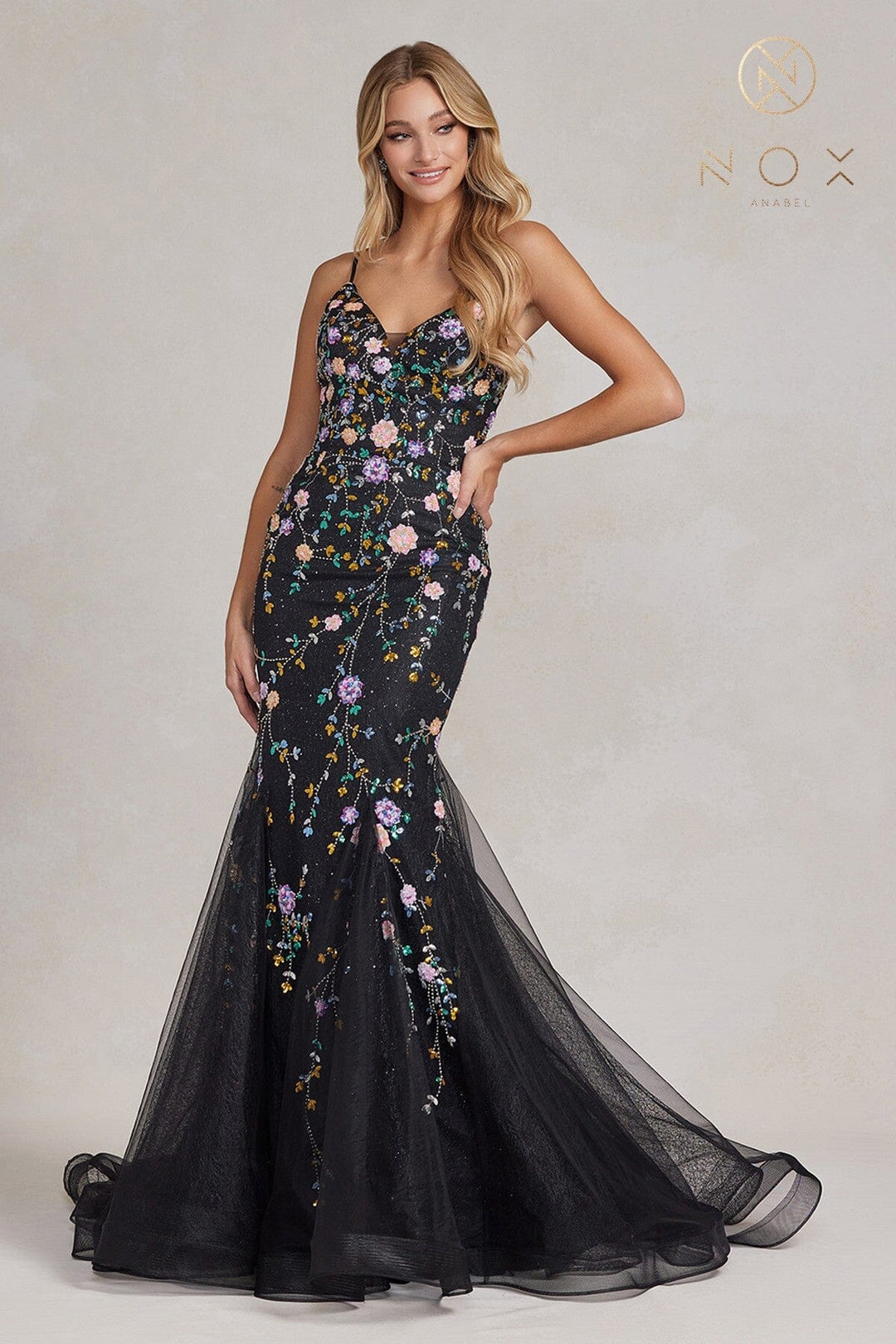 Floral Beaded V-Neck Mermaid Gown by Nox Anabel C1117