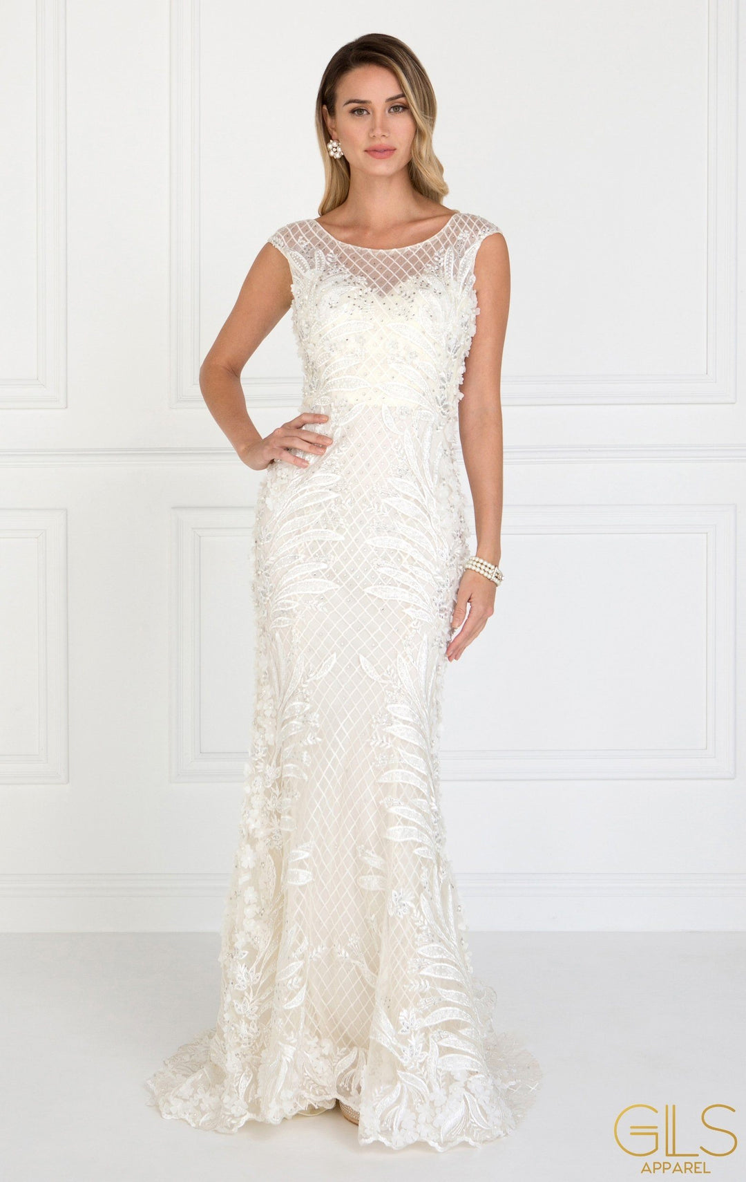 Floral Embroidered Ivory Mermaid Gown by Elizabeth K GL1534-Long Formal Dresses-ABC Fashion