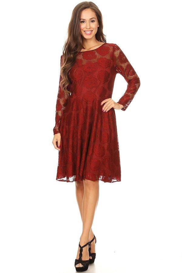 Floral Lace Short Dress with Long Sleeves by Celavie 6327-Short Cocktail Dresses-ABC Fashion