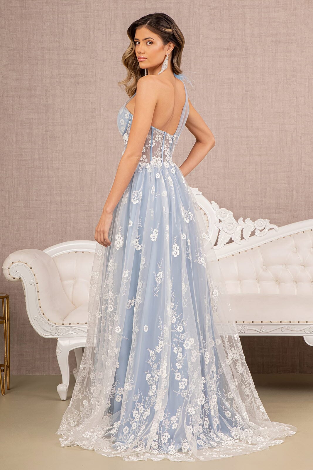 Floral One Shoulder Feather Gown by GLS Gloria GL3134