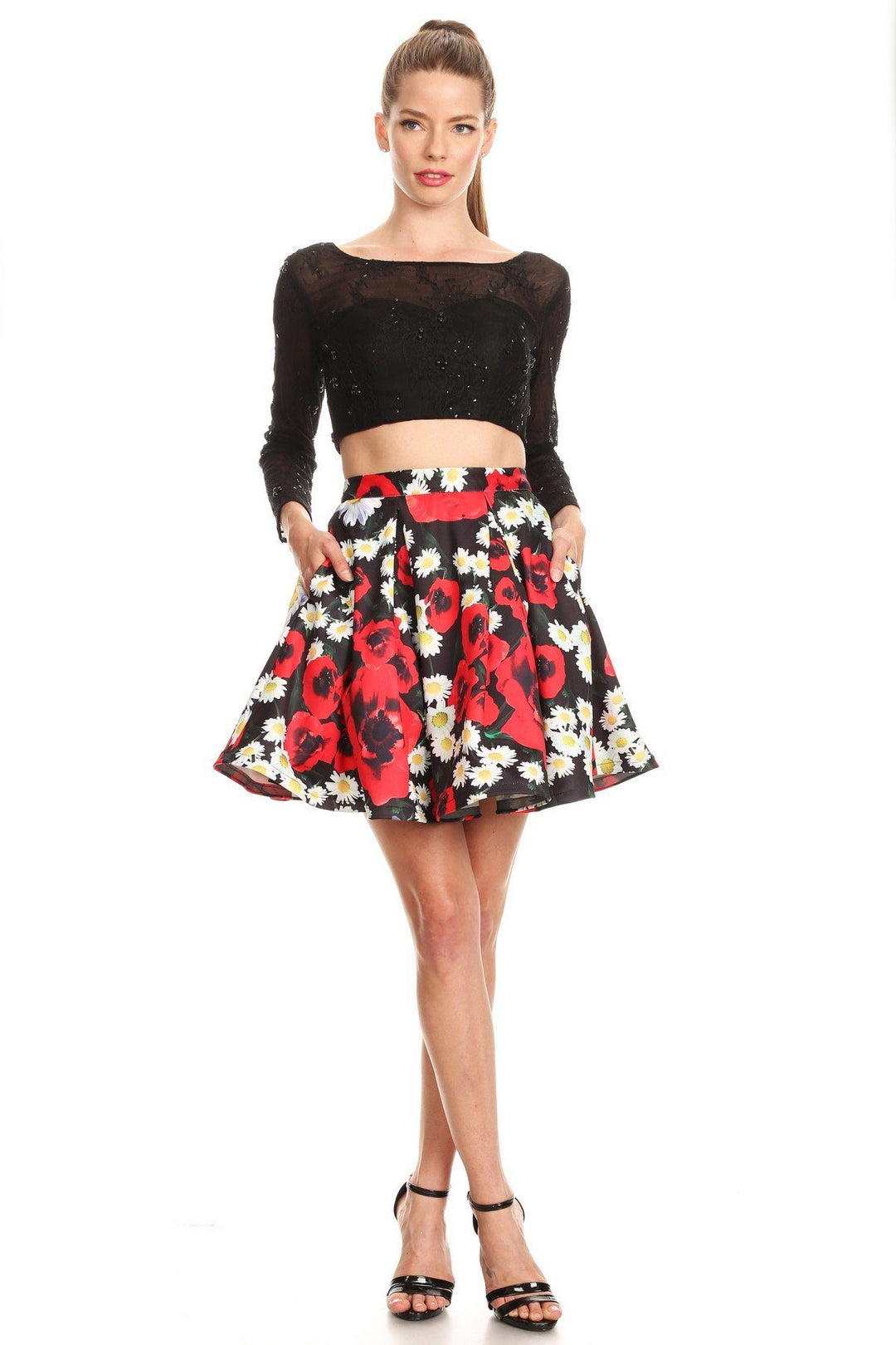 Floral Print Short Two Piece Dress with Lace Top by Nox Anabel 6339-Short Cocktail Dresses-ABC Fashion