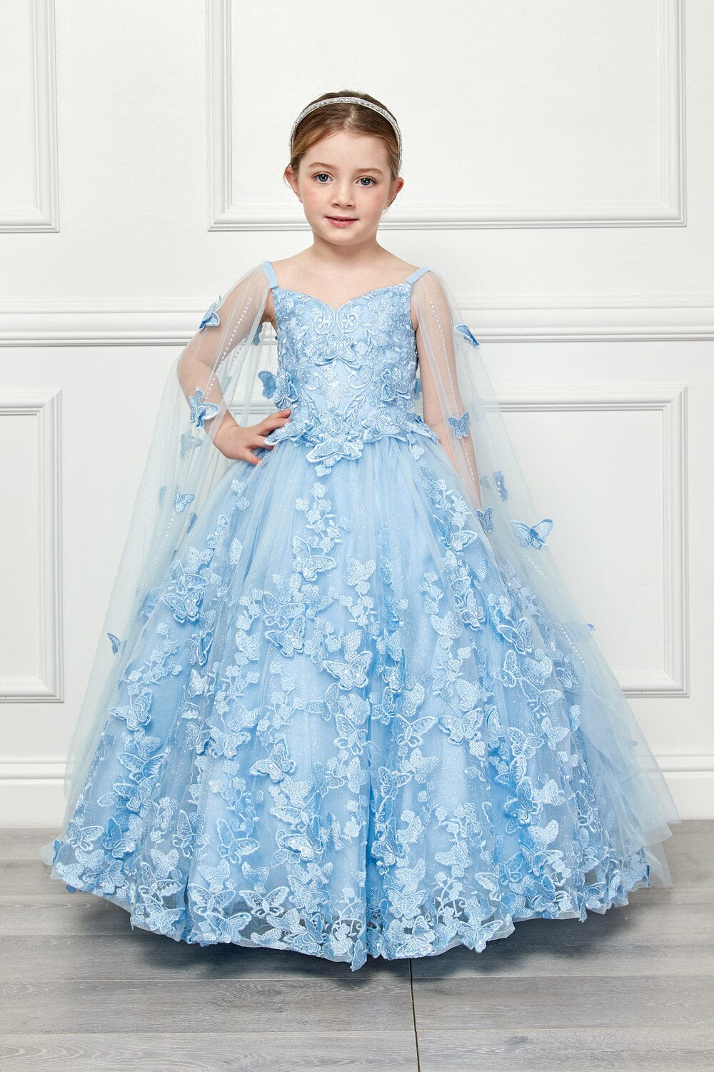 Girls 3D Butterfly Cape Ball Gown by Petite Adele PK1001 8 / Light Blue Girls 3D Butterfly Cape Ball Gown by Petite Adele PK1001 8 / Light Blue