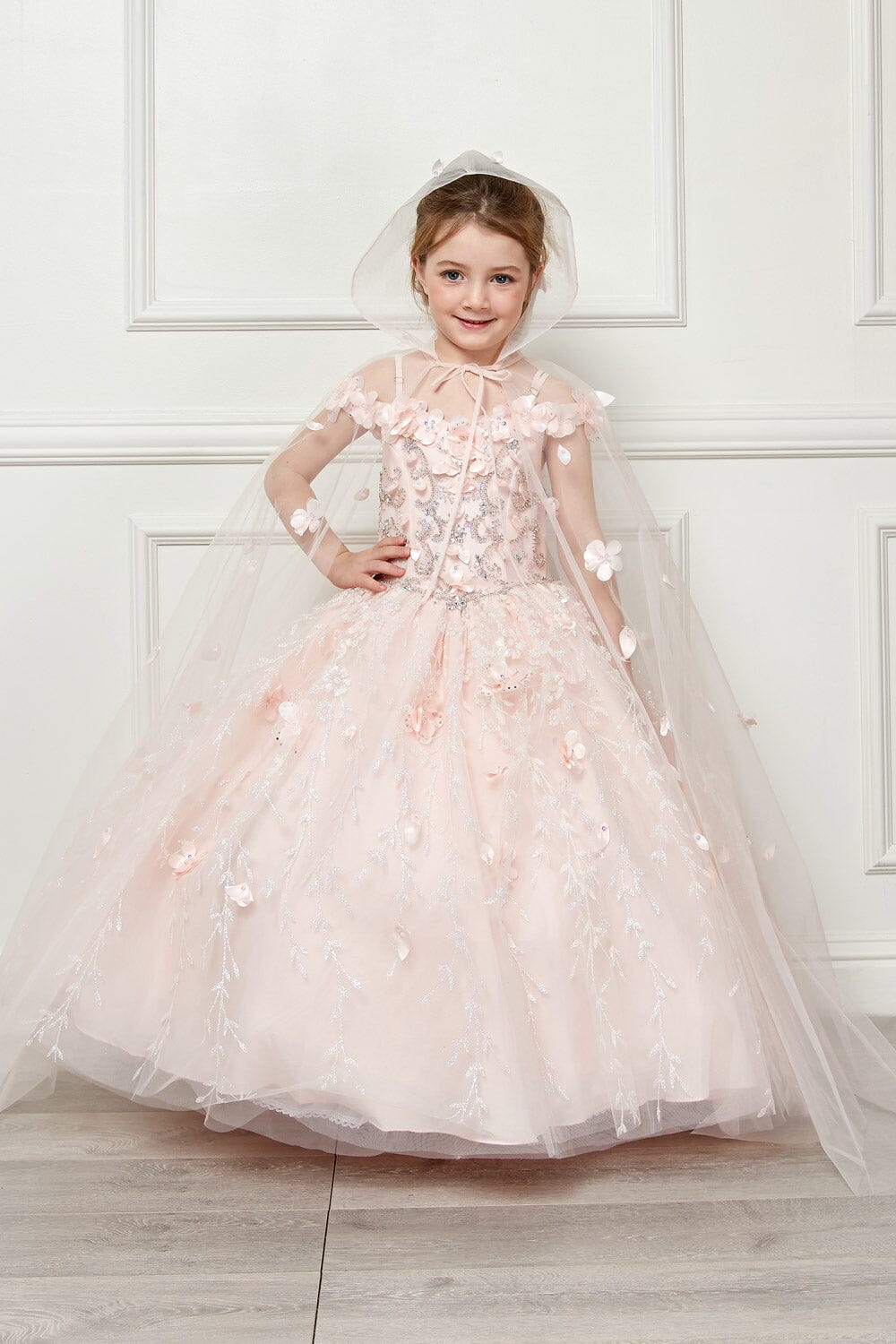 Girls 3D Floral Cloak Ball Gown by Petite Adele PK1004