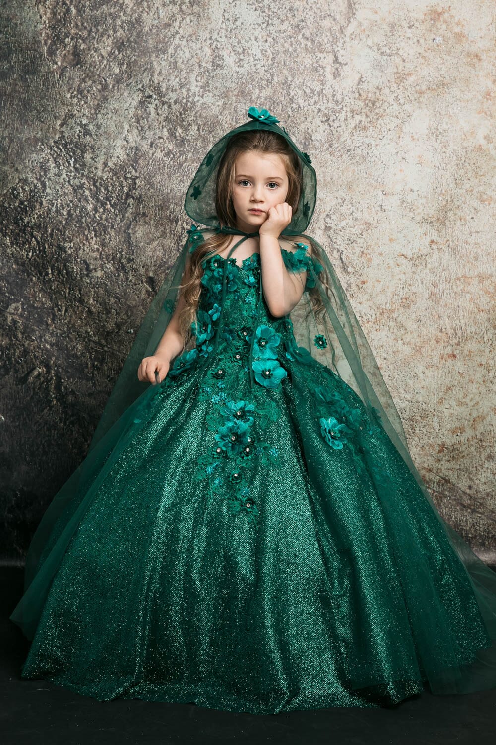 Girls 3D Floral Glitter Cloak Ball Gown by Petite Adele PK1002 16 / Emerald Girls 3D Floral Glitter Cloak Ball Gown by Petite Adele PK1002 16 / Emerald