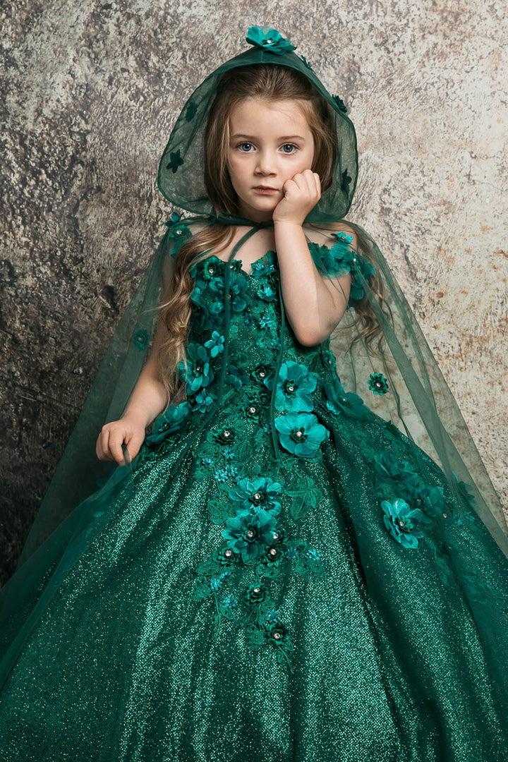 Girls 3D Floral Glitter Cloak Ball Gown by Petite Adele PK1002