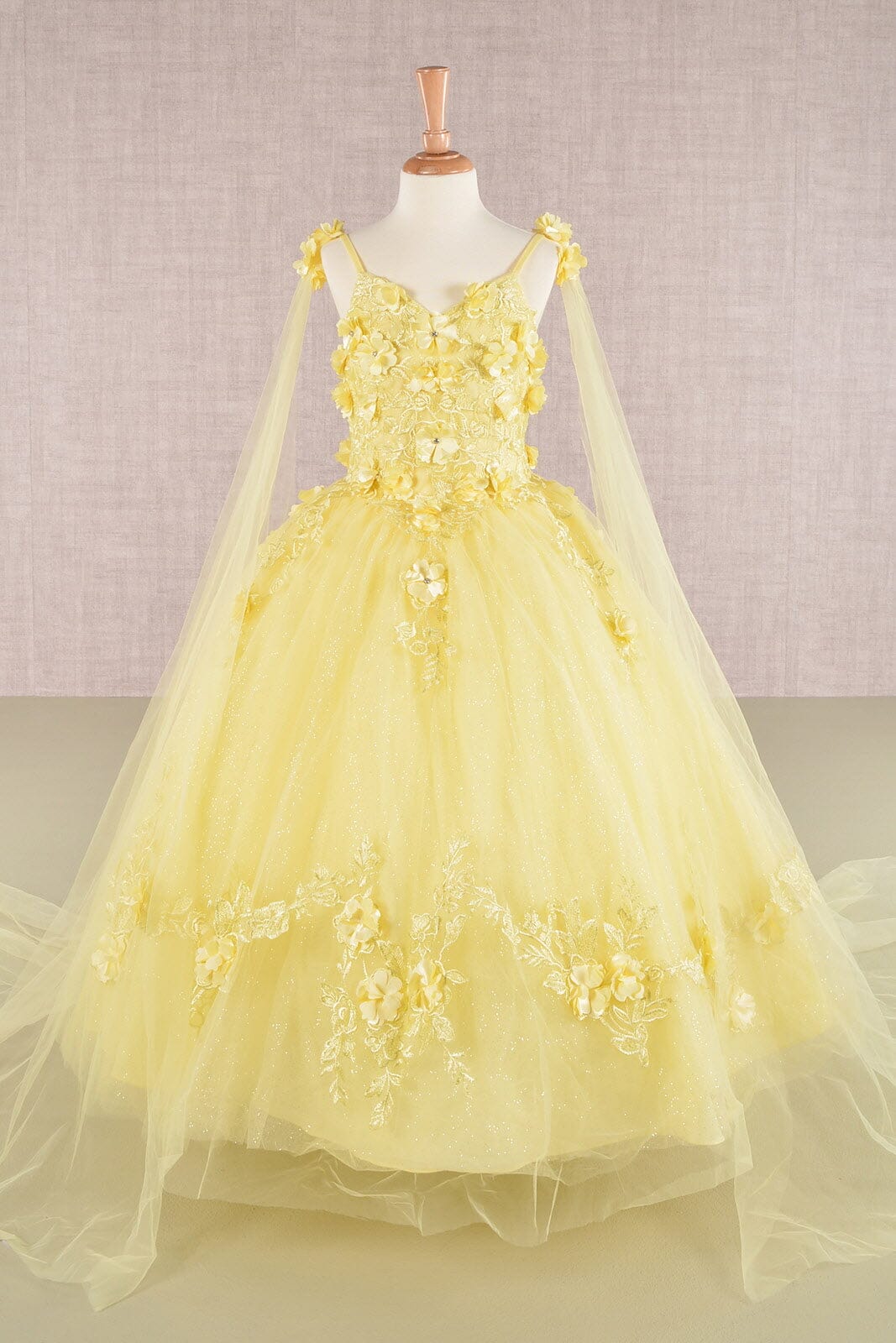 yellow flower girl dresses Girls 3D Floral Sleeveless Cape Gown by Elizabeth K GK111 2 / Yellow