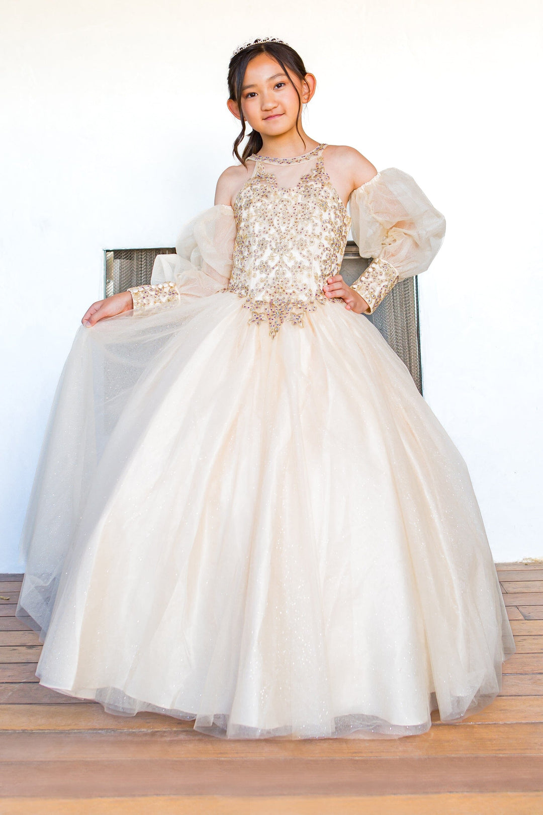 Girls Applique Puff Sleeve Gown by Cinderella Couture 5114