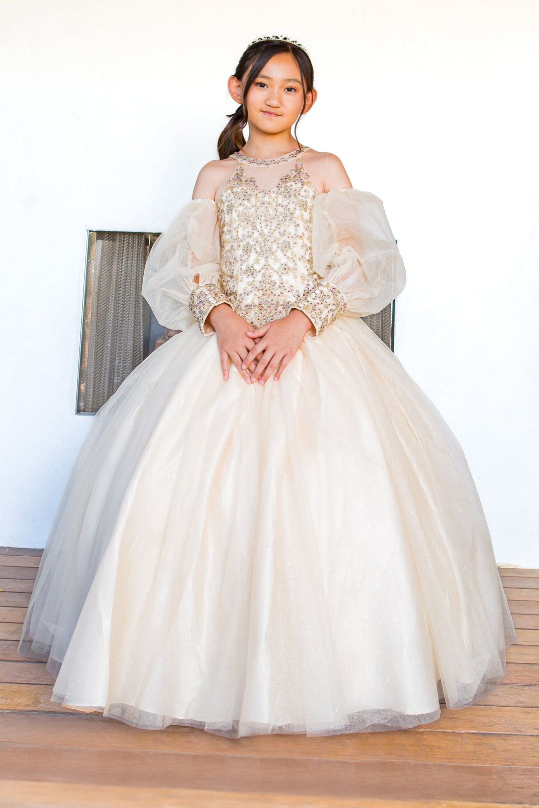 Girls Applique Puff Sleeve Gown by Cinderella Couture 5114