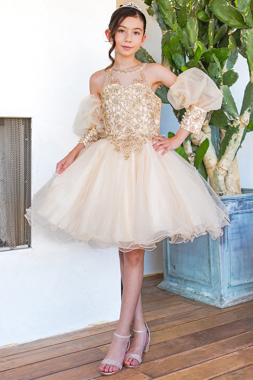 Girls Applique Short Puff Sleeve Dress by Cinderella Couture 5113 4 / Peacock Girls Applique Short Puff Sleeve Dress by Cinderella Couture 5113 4 / Peacock