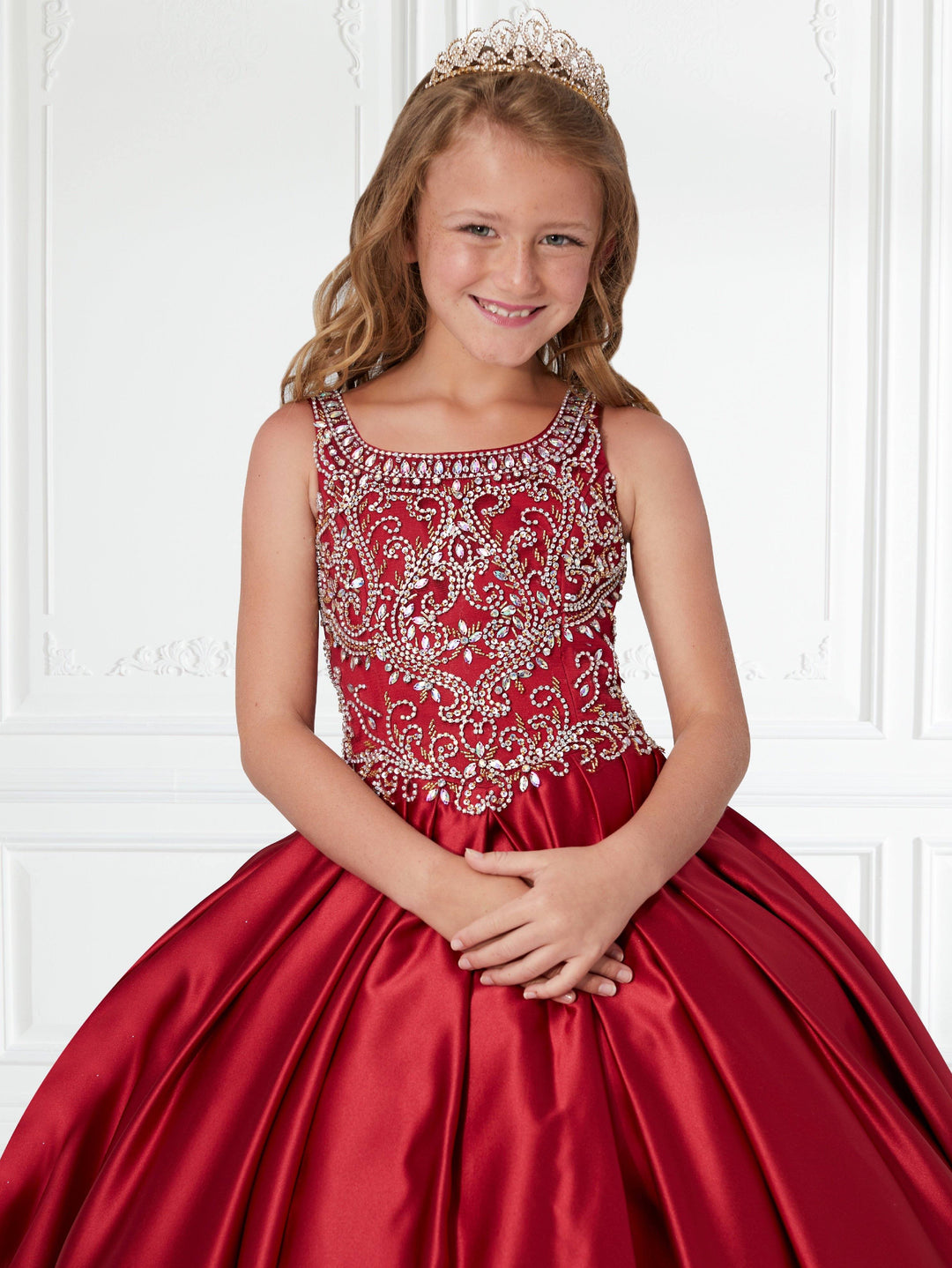 Girls Beaded Long Box Pleated Satin Dress by Tiffany Princess 13591-Girls Formal Dresses-ABC Fashion