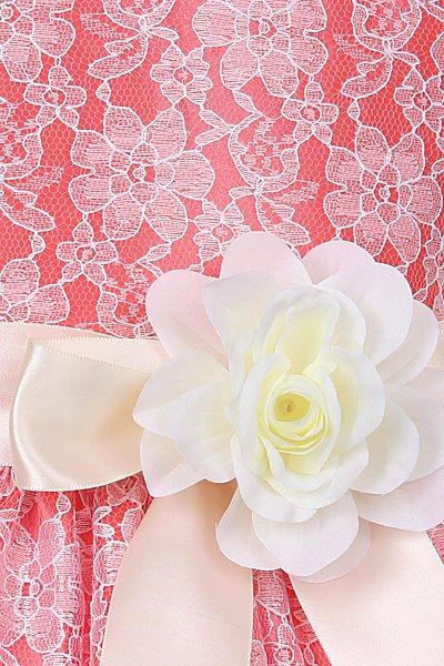 Girls Coral Raschel Lace Tea Length Dress with Sash-Girls Formal Dresses-ABC Fashion