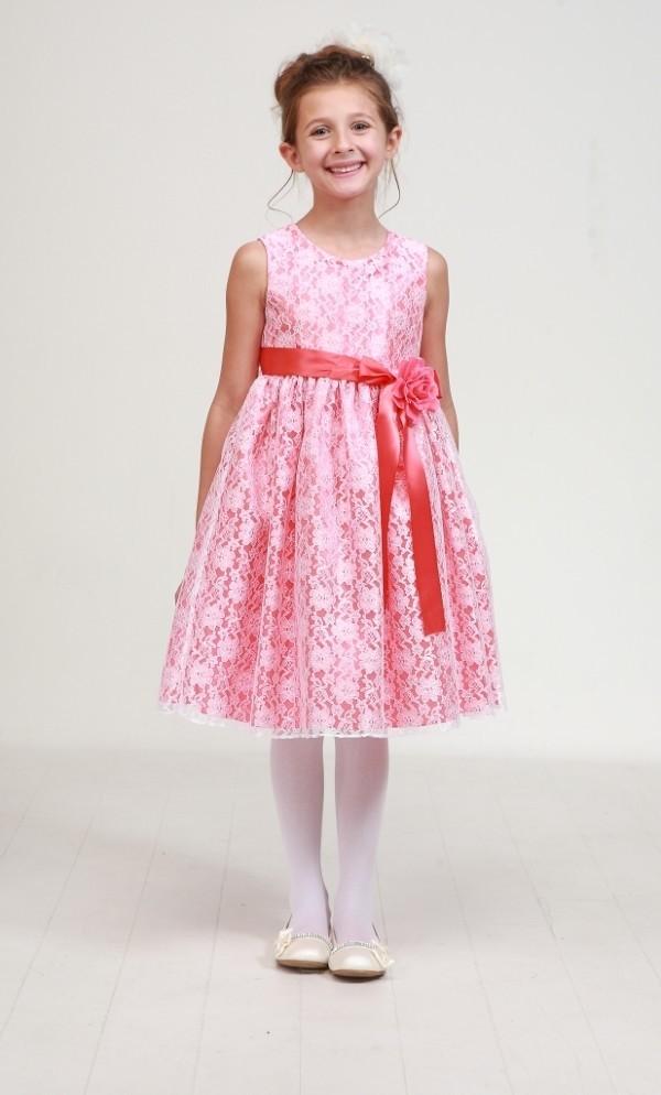 Girls Coral Raschel Lace Tea Length Dress with Sash 1132 10 / Coral Girls Coral Raschel Lace Tea Length Dress with Sash 1132 10 / Coral