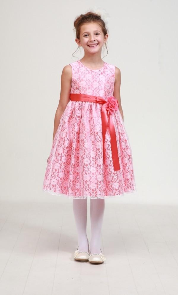 Girls Coral Raschel Lace Tea Length Dress with Sash-Girls Formal Dresses-ABC Fashion