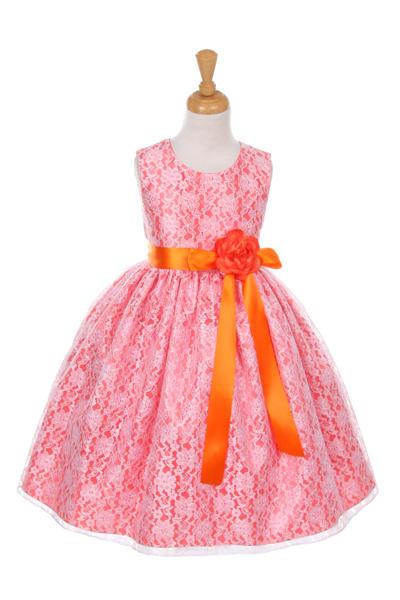 Girls Coral Raschel Lace Tea Length Dress with Sash-Girls Formal Dresses-ABC Fashion