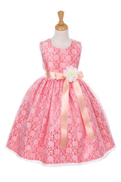 Girls Coral Raschel Lace Tea Length Dress with Sash-Girls Formal Dresses-ABC Fashion