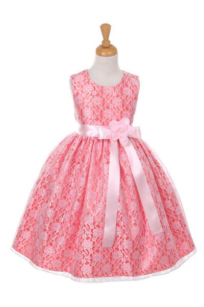 Girls Coral Raschel Lace Tea Length Dress with Sash-Girls Formal Dresses-ABC Fashion