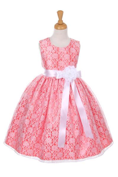 Girls Coral Raschel Lace Tea Length Dress with Sash-Girls Formal Dresses-ABC Fashion