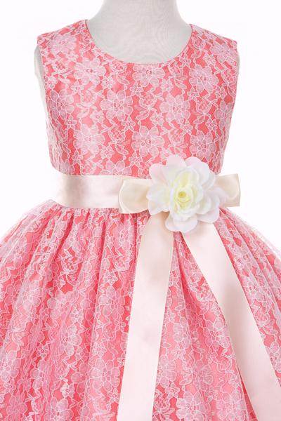 Girls Coral Raschel Lace Tea Length Dress with Sash-Girls Formal Dresses-ABC Fashion