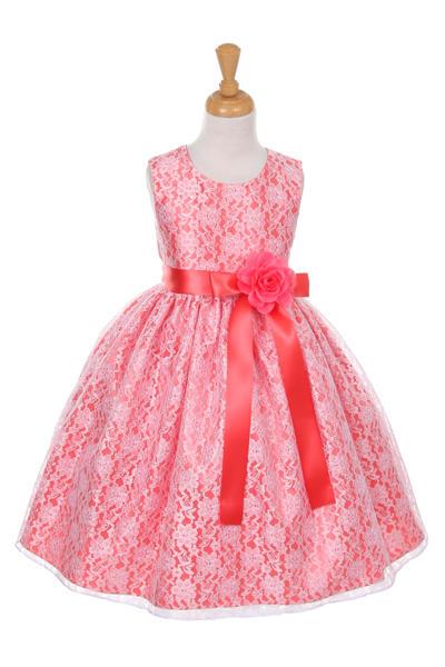 Girls Coral Raschel Lace Tea Length Dress with Sash-Girls Formal Dresses-ABC Fashion