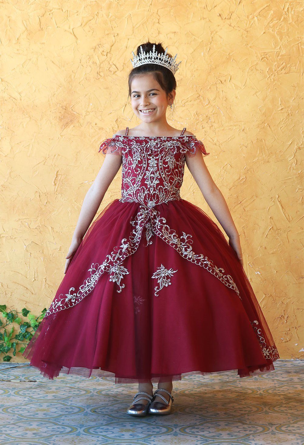 Girls Embroidered Long Off Shoulder Dress by Calla KY216-Girls Formal Dresses-ABC Fashion