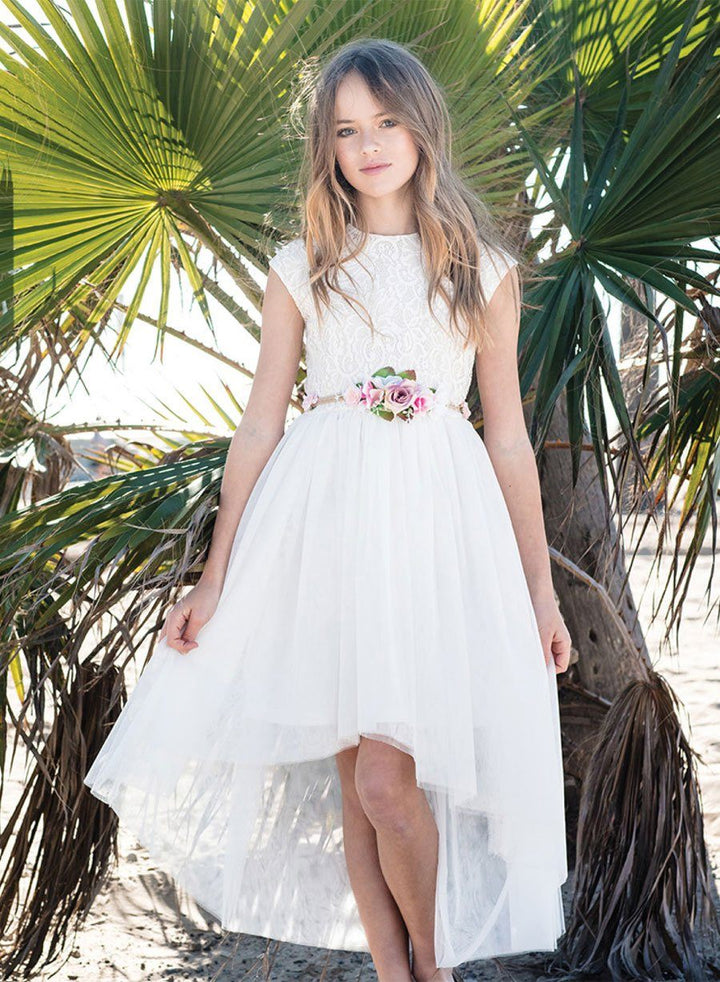 Girls Ivory High Low Dress with Lace Bodice and Floral Belt-Girls Formal Dresses-ABC Fashion