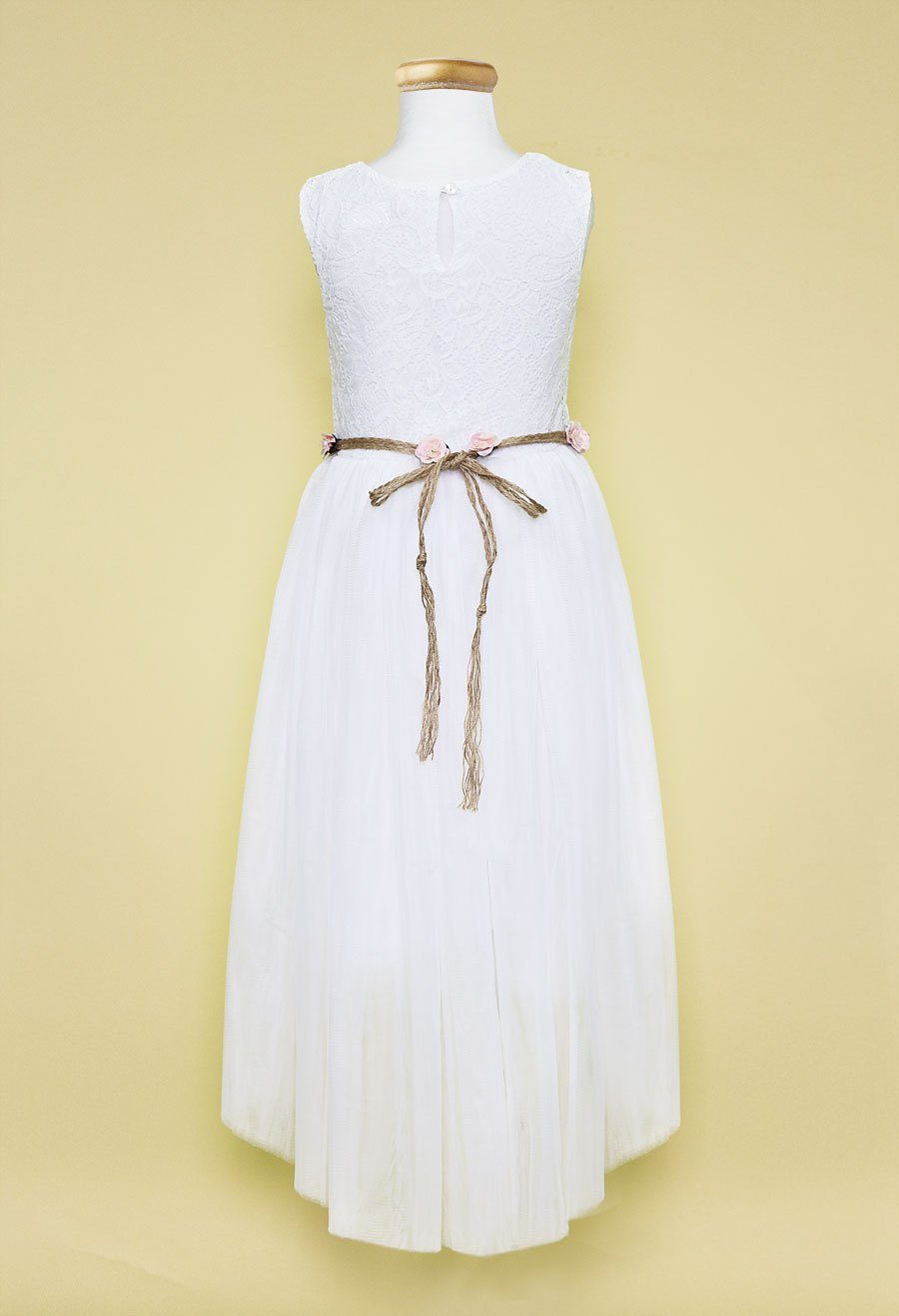 Girls Ivory High Low Dress with Lace Bodice and Floral Belt-Girls Formal Dresses-ABC Fashion