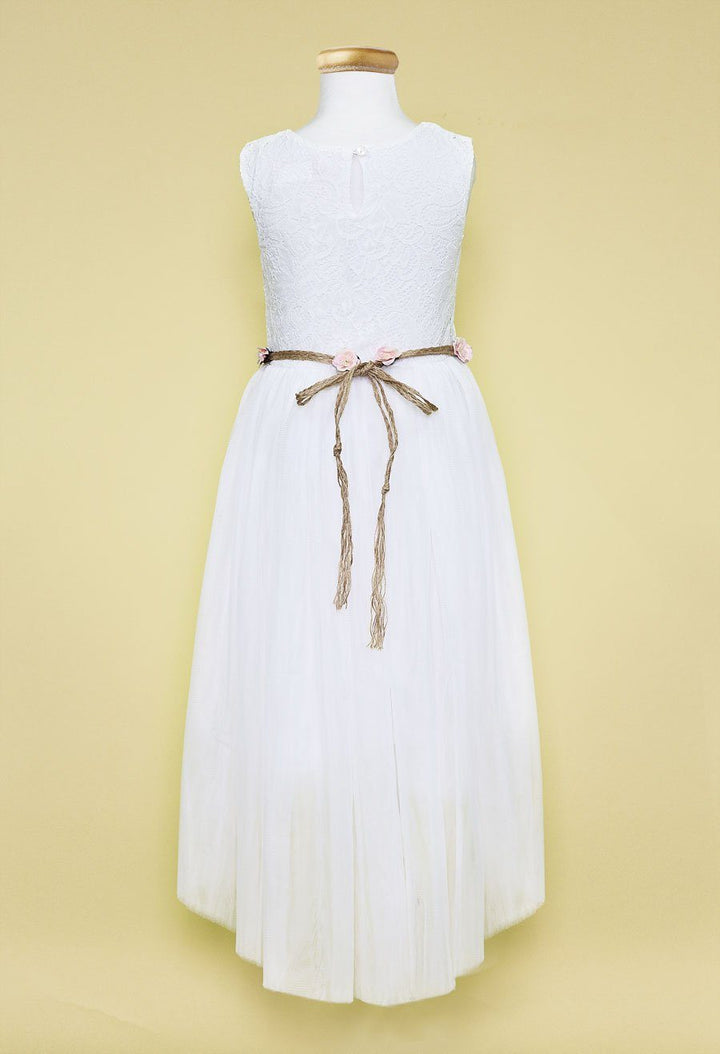 Girls Ivory High Low Dress with Lace Bodice and Floral Belt-Girls Formal Dresses-ABC Fashion