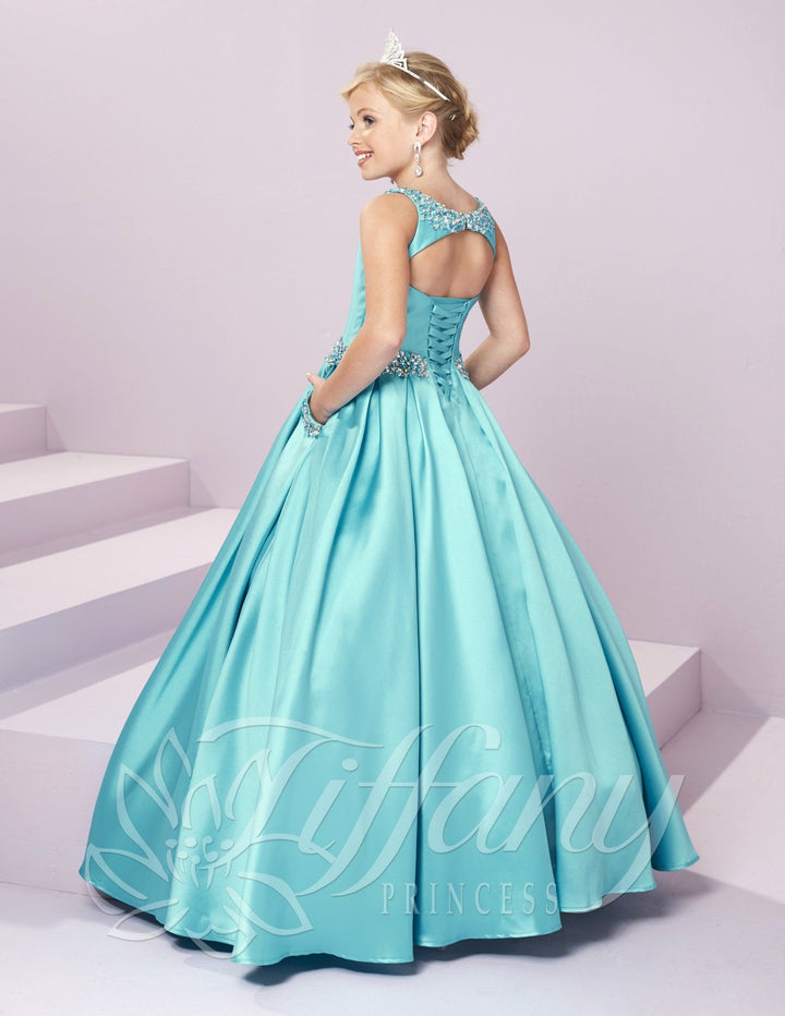 Girls Long Beaded Mikado Dress by Tiffany Princess 13485-Girls Formal Dresses-ABC Fashion