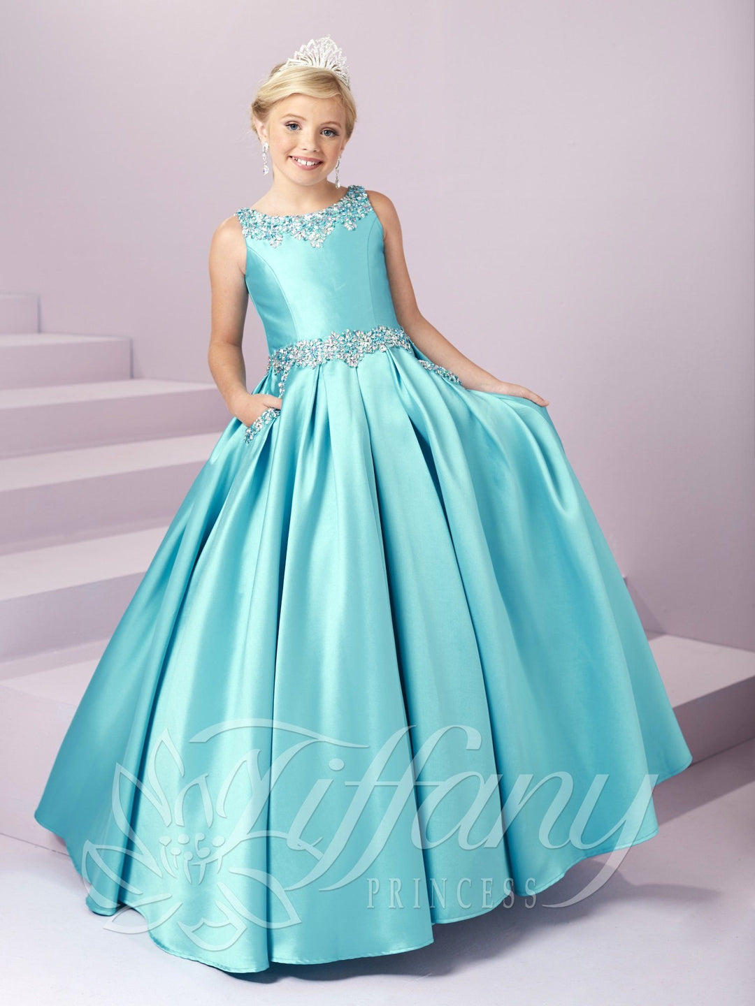 Girls Long Beaded Mikado Dress by Tiffany Princess 13485-Girls Formal Dresses-ABC Fashion