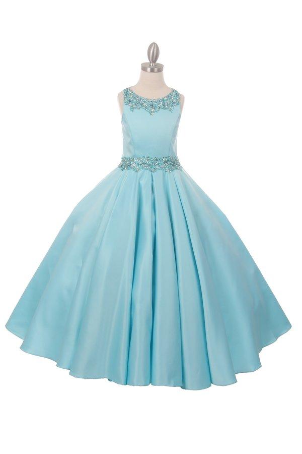 Girls Long Beaded Sleeveless Satin Dress with Pockets-Girls Formal Dresses-ABC Fashion