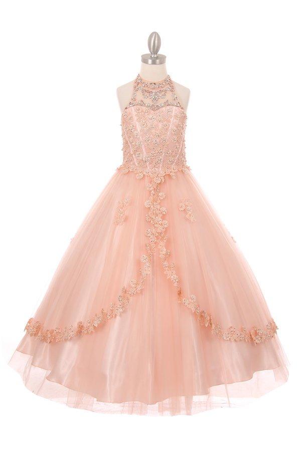 Girls Long Halter Formal Dress with Beaded Floral Appliques-Girls Formal Dresses-ABC Fashion