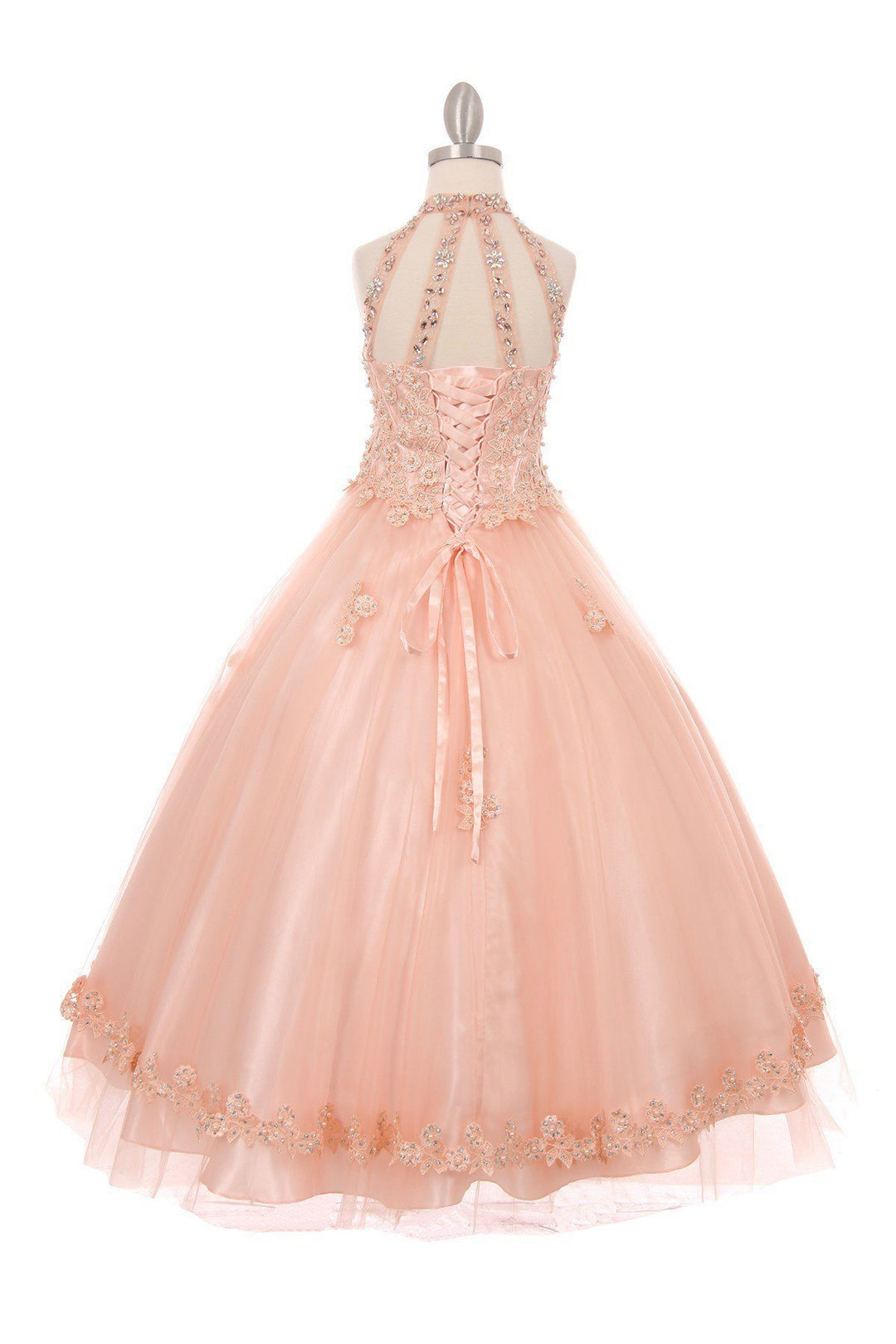 Girls Long Halter Formal Dress with Beaded Floral Appliques-Girls Formal Dresses-ABC Fashion